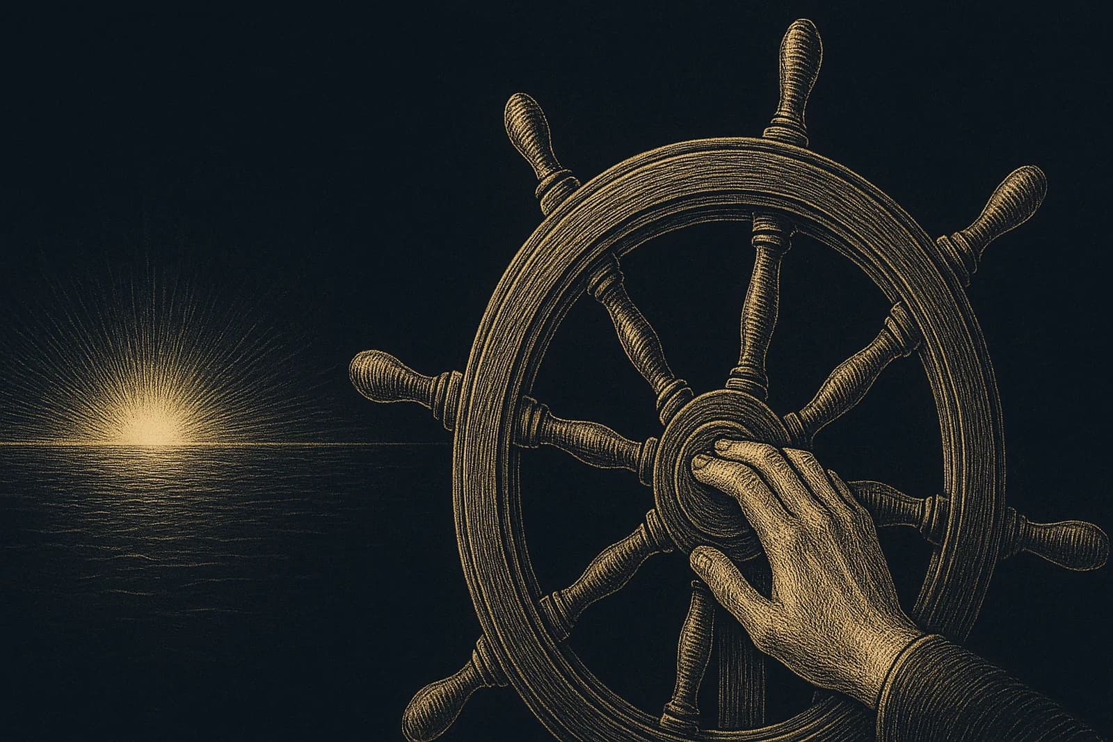 A hand resting on the spokes of a ship's helm, the wheel turned toward a distant dawn, drawn as a gold engraving on deep navy.